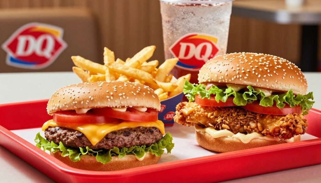 A beautifully arranged Dairy Queen burger and sandwich display, featuring a classic cheeseburger with melted cheese, fresh lettuce, ripe tomato, and special sauce on a sesame seed bun. In the foreground, highlight the succulent layers of the burger along with a crispy chicken sandwich, both served on a vibrant red restaurant tray. The middle ground showcases a side of crispy fries and a cold drink, with condensation on the glass to suggest freshness. The background features a subtle hint of a Dairy Queen restaurant, softly blurred to maintain focus on the food. The lighting is warm and inviting, with a soft focus effect to create a cozy, enticing atmosphere. The overall mood is appetizing and wholesome, showcasing the delicious nutrition aspect of the Dairy Queen menu.