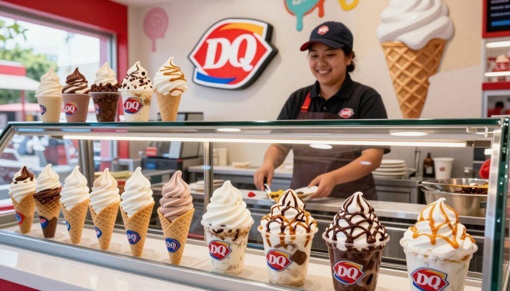 A vibrant Dairy Queen ice cream shop display showcasing an array of frozen treats on a sunny day. In the foreground, a colorful assortment of classic ice cream cones, Blizzard cups filled with various toppings, and refreshing sundaes drizzled with chocolate and caramel sauce. The middle ground features a friendly employee in a Dairy Queen uniform, smiling and serving customers. In the background, bright signage of the Dairy Queen logo and cheerful, painted graphics of melting ice cream cones enhance the inviting atmosphere. Soft, natural lighting fills the scene, creating a friendly and warm ambiance. The angle captures the delights from a slightly elevated perspective, making the treats appear enticing and delectable.