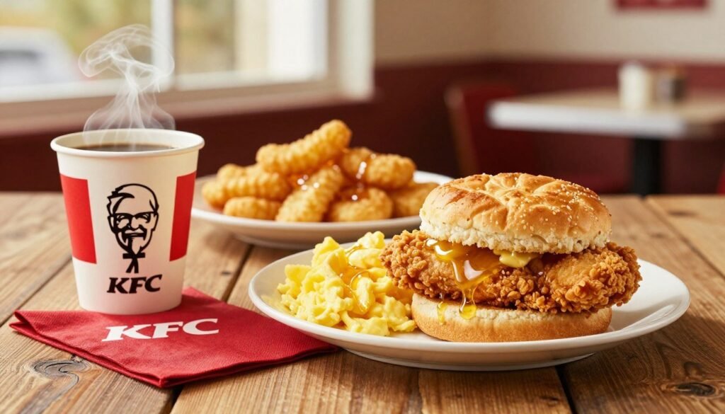 A beautifully arranged KFC breakfast combo meal on a rustic wooden table, showcasing a golden crispy chicken biscuit sandwich, fluffy scrambled eggs, and a side of crispy hash browns. The foreground features a steaming cup of coffee placed beside a vibrant red KFC logo napkin. In the middle, a plate glistens with a drizzled honey or syrup option, enhancing the inviting warmth of the breakfast. The background is softly blurred, depicting a cozy diner setting with natural light streaming through a window, creating a warm, inviting atmosphere. The scene evokes a sense of comfort and satisfaction, ideal for fueling your day. Use a lens that captures fine details, ensuring the colors are bright and appetizing.