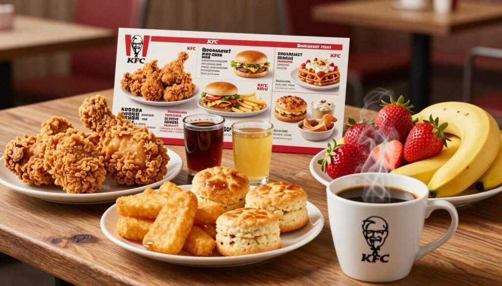 A beautifully arranged KFC breakfast spread on a rustic wooden table, featuring crispy fried chicken, fluffy biscuits, golden hash browns, and two tempting varieties of syrup. In the foreground, a steaming cup of coffee sits next to a plate overflowing with fresh, vibrant fruits like strawberries and bananas. In the middle, showcase an inviting display of the KFC breakfast menu items, highlighting their textures and shapes with a slight sheen. The background should be blurred, resembling a cozy fast-food restaurant setting with soft, warm lighting that enhances the appetizing colors of the food. Capture the mood of a cheerful morning atmosphere, suggesting energy and satisfaction, shot with a slight top-down angle for an engaging perspective.