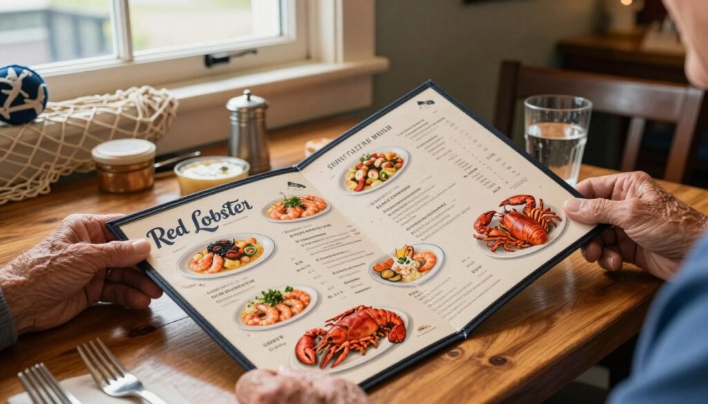 A beautifully arranged Red Lobster senior citizen menu placed prominently on a wooden table. The menu features a variety of delicious seafood dishes, elegantly illustrated with mouthwatering images of shrimp, lobster, and crab. In the foreground, a pair of hands, one elderly, gently holds the menu, showcasing the thoughtful design. In the middle, soft natural light filters in from a nearby window, creating a warm and inviting atmosphere, perfect for friendly dining experiences. The background features a cozy, nautical-themed restaurant interior with tasteful decor, including fishing nets and maritime accents. The overall mood is relaxed and social, encouraging companionship. The image is taken from a slightly elevated angle, emphasizing the details of the menu while preserving the inviting dining environment. A beautifully arranged Red Lobster senior citizen menu placed prominently on a wooden table. The menu features a variety of delicious seafood dishes, elegantly illustrated with mouthwatering images of shrimp, lobster, and crab. In the foreground, a pair of hands, one elderly, gently holds the menu, showcasing the thoughtful design. In the middle, soft natural light filters in from a nearby window, creating a warm and inviting atmosphere, perfect for friendly dining experiences. The background features a cozy, nautical-themed restaurant interior with tasteful decor, including fishing nets and maritime accents. The overall mood is relaxed and social, encouraging companionship. The image is taken from a slightly elevated angle, emphasizing the details of the menu while preserving the inviting dining environment.