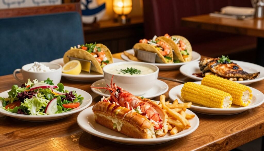 A beautifully arranged Red Lobster weekday lunch menu spread on a polished wooden table. In the foreground, showcase a vibrant lobster roll with crispy fries, a fresh garden salad, and buttered corn, tantalizingly plated. The middle ground features a colorful variety of seafood dishes like creamy clam chowder, shrimp tacos, and grilled fish. In the background, softly blurred, are ambient elements of a cozy restaurant setting with nautical decor, warm lighting casting a golden hue. The atmosphere is inviting and casual, reflecting a laid-back lunch experience. Capture the image from a slightly elevated angle to emphasize the delicious array of food. The focus should be on the delectable dishes, highlighting their textures and colors without any distractions or text elements. A beautifully arranged Red Lobster weekday lunch menu spread on a polished wooden table. In the foreground, showcase a vibrant lobster roll with crispy fries, a fresh garden salad, and buttered corn, tantalizingly plated. The middle ground features a colorful variety of seafood dishes like creamy clam chowder, shrimp tacos, and grilled fish. In the background, softly blurred, are ambient elements of a cozy restaurant setting with nautical decor, warm lighting casting a golden hue. The atmosphere is inviting and casual, reflecting a laid-back lunch experience. Capture the image from a slightly elevated angle to emphasize the delicious array of food. The focus should be on the delectable dishes, highlighting their textures and colors without any distractions or text elements.