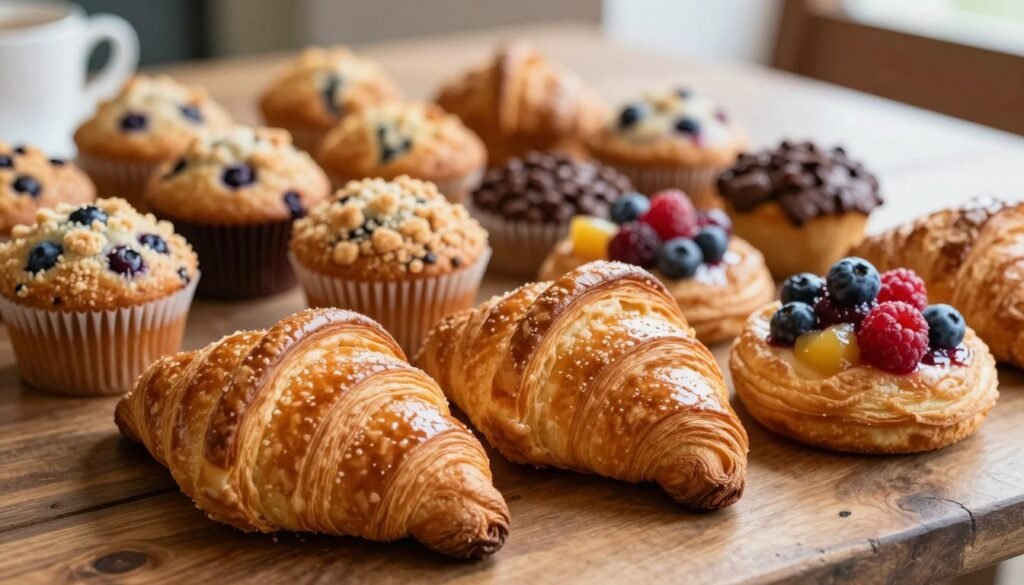 A beautifully arranged display of Panera Bread pastries, showcasing an assortment of mouth-watering options. In the foreground, highlight a fresh, golden brown croissant, flaky and slightly glossy, next to a delicate fruit Danish topped with vibrant berries. In the middle ground, include a variety of muffins, such as blueberry and chocolate chip, each with a crumbly topping that hints at freshness. The background features a rustic wooden table bathed in soft, natural morning light, enhancing the inviting atmosphere. Use a shallow depth of field to emphasize the pastries while softly blurring the background, creating a warm and cozy breakfast vibe. The scene should evoke a sense of comfort and indulgence, inviting viewers to savor the moment.