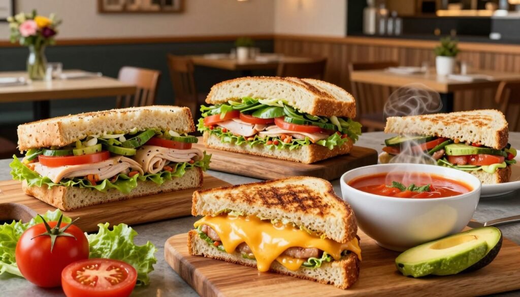 A beautifully arranged display of a variety of Panera Bread sandwiches, highlighting hot sandwiches and paninis in a sleek, modern café setting. In the foreground, showcase a grilled cheese panini with gooey melted cheese oozing out, paired with a steaming bowl of tomato soup. Surround it with colorful fresh ingredients like lettuce, ripe tomatoes, and sliced avocados. The middle ground features other enticing sandwiches like a warm turkey club and a savory Mediterranean veggie sandwich, each artfully presented on wooden boards. The background reveals a cozy café atmosphere with soft, warm lighting, wooden furniture, and fresh flowers on the tables, evoking a welcoming and comforting mood. The angle captures the lush textures and vibrant colors of the food, inviting viewers to indulge.