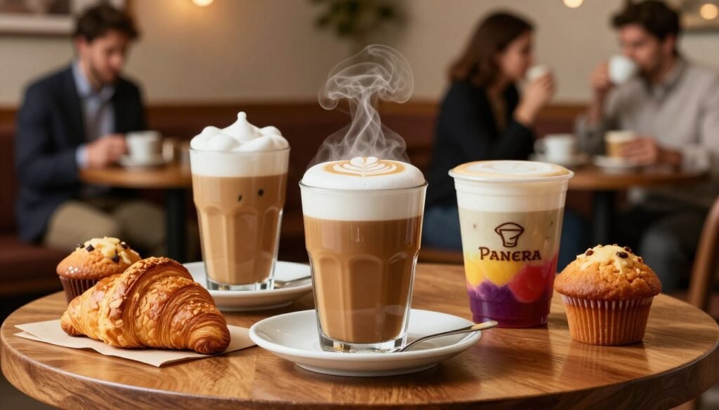 A beautifully arranged display of various Panera Bread coffee options, featuring a steaming cup of freshly brewed coffee with a creamy foam art on top, a medium-sized iced coffee with a splash of milk, and a vibrant, colorful seasonal blend in a clear cup. In the foreground, a polished wooden table holds delectable pastries, including a croissant and a muffin, enhancing the inviting coffee experience. The middle ground showcases a cozy café environment with soft, warm lighting, creating a relaxing atmosphere. In the background, blurred silhouettes of patrons in professional outfits enjoy their coffee, contributing to a communal vibe. The overall feeling is warm and inviting, perfect for coffee lovers looking to enhance their Panera experience.