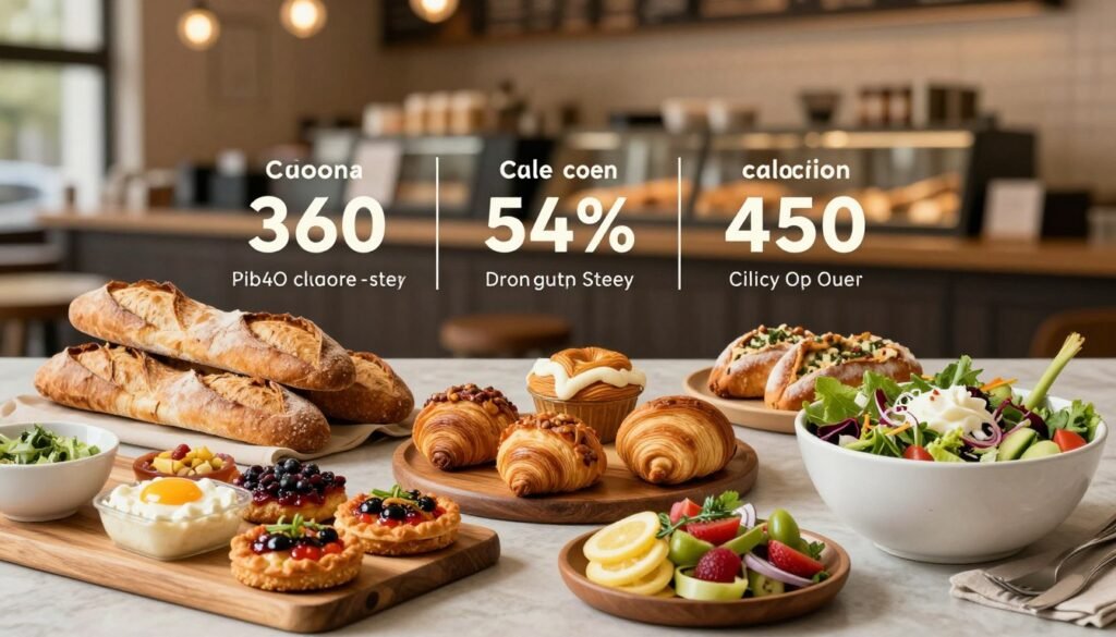 A beautifully arranged flat lay of Panera Bread bakery items and sides, including fresh-baked baguettes, pastries, and a seasonal salad. The foreground features a variety of colorful side dishes elegantly presented on rustic wooden platters. In the middle, show calorie information styled in a clean, modern infographic format, ensuring no text is directly visible. The background includes a blurred Panera Bread café ambiance with warm lighting, subtly showcasing the inviting interior atmosphere. Use soft, natural lighting to evoke a healthy and appetizing mood. Capture the scene from a slightly elevated angle, focusing on the texture and freshness of the food, conveying a sense of indulgence and well-being.