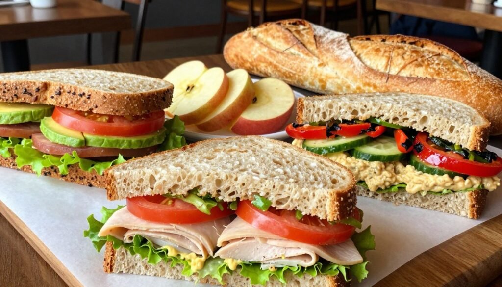 A beautifully arranged overhead view of an array of Panera Bread sandwiches, showcasing their fresh ingredients and vibrant colors. In the foreground, display a classic turkey sandwich on whole-grain bread, filled with leafy lettuce, ripe tomatoes, and creamy avocado. Next to it, feature a vibrant Mediterranean veggie sandwich bursting with colorful roasted red peppers, cucumbers, and hummus. In the middle, include a lovely side of apple slices and a signature baguette. The background hints at a cozy café setting, with soft, warm lighting that creates an inviting atmosphere. The angle captures depth, emphasizing the delicious variety of choices. Overall, the scene is appetizing and radiates the joy of customizing one's perfect sandwich.