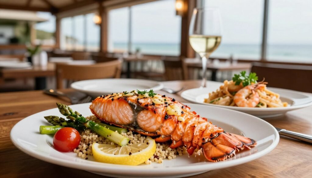 A beautifully arranged plate of fresh seafood entrees, featuring a vibrant grilled salmon fillet atop a bed of lemon-infused quinoa, with sautéed asparagus and cherry tomatoes on the side. In the foreground, a lobster tail dressed in garlic butter glistens under soft, warm lighting, while a well-crafted shrimp scampi presentation is visible nearby, garnished with fresh parsley. The middle ground showcases a wooden table adorned with elegant cutlery and a glass of white wine. In the background, an inviting coastal restaurant ambiance can be seen, with seaside decor and soft natural light pouring in through large windows, creating a warm and appetizing atmosphere. The scene conveys a feeling of indulgence and freshness, perfect for seafood lovers. A beautifully arranged plate of fresh seafood entrees, featuring a vibrant grilled salmon fillet atop a bed of lemon-infused quinoa, with sautéed asparagus and cherry tomatoes on the side. In the foreground, a lobster tail dressed in garlic butter glistens under soft, warm lighting, while a well-crafted shrimp scampi presentation is visible nearby, garnished with fresh parsley. The middle ground showcases a wooden table adorned with elegant cutlery and a glass of white wine. In the background, an inviting coastal restaurant ambiance can be seen, with seaside decor and soft natural light pouring in through large windows, creating a warm and appetizing atmosphere. The scene conveys a feeling of indulgence and freshness, perfect for seafood lovers.