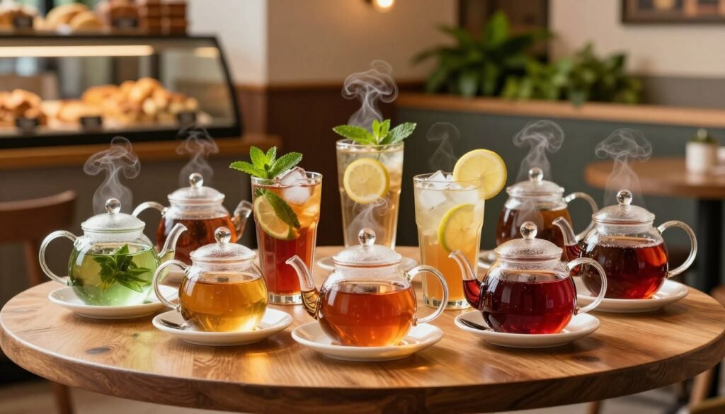 A beautifully arranged selection of Panera Bread's tea varieties in a cozy café setting. In the foreground, showcase an elegant wooden table featuring a variety of glass teapots filled with steaming hot tea in rich colors like amber, green, and deep red, each accompanied by small tea cups. In the middle, display a colorful assortment of iced teas in clear glasses with ice cubes, garnished with fresh mint leaves and slices of lemon, creating a refreshing look. The background can feature soft, warm lighting with blurred shelves of baked goods and vibrant plants, evoking a welcoming atmosphere. The scene should feel inviting and tranquil, ideal for enjoying a delightful beverage.