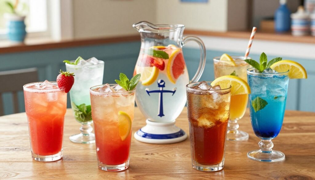 A beautifully arranged selection of Red Lobster's non-alcoholic beverages displayed on a wooden table. In the foreground, showcase a colorful array of drinks, including a vibrant strawberry lemonade garnished with fresh fruit, a tall glass of ice-cold iced tea with a slice of lemon, and a refreshing blueberry mint soda decorated with mint leaves. In the middle, include a charming nautical-themed pitcher filled with fruit-infused water, surrounded by fun, family-friendly drinkware. Soft, natural lighting enhances the freshness of the beverages, while a cozy Red Lobster restaurant setting serves as the background, with hints of coastal decor. The overall atmosphere is cheerful and inviting, perfect for family gatherings. No text or logos included. A beautifully arranged selection of Red Lobster's non-alcoholic beverages displayed on a wooden table. In the foreground, showcase a colorful array of drinks, including a vibrant strawberry lemonade garnished with fresh fruit, a tall glass of ice-cold iced tea with a slice of lemon, and a refreshing blueberry mint soda decorated with mint leaves. In the middle, include a charming nautical-themed pitcher filled with fruit-infused water, surrounded by fun, family-friendly drinkware. Soft, natural lighting enhances the freshness of the beverages, while a cozy Red Lobster restaurant setting serves as the background, with hints of coastal decor. The overall atmosphere is cheerful and inviting, perfect for family gatherings. No text or logos included.