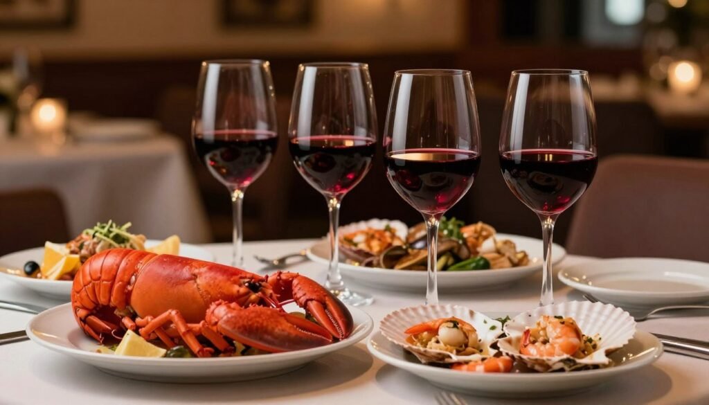 A beautifully arranged table featuring a selection of vibrant seafood dishes, prominently displayed in the foreground, with a rich serving of lobster, shrimp, and scallops. In the middle, elegant glasses of red wine, showcasing different shades of ruby and garnet, perched beside the seafood, enhancing the visual appeal of the pairing. The background is softly blurred, suggesting a cozy, upscale restaurant atmosphere with warm, ambient lighting, creating an inviting mood. A neutral tablecloth adds sophistication, while subtle reflections in the wine glasses catch the light. The scene is shot at a slight angle, emphasizing both the wine and seafood, promoting a sense of indulgence and culinary delight. The overall feel is refined, enticing, and perfect for a dining experience. A beautifully arranged table featuring a selection of vibrant seafood dishes, prominently displayed in the foreground, with a rich serving of lobster, shrimp, and scallops. In the middle, elegant glasses of red wine, showcasing different shades of ruby and garnet, perched beside the seafood, enhancing the visual appeal of the pairing. The background is softly blurred, suggesting a cozy, upscale restaurant atmosphere with warm, ambient lighting, creating an inviting mood. A neutral tablecloth adds sophistication, while subtle reflections in the wine glasses catch the light. The scene is shot at a slight angle, emphasizing both the wine and seafood, promoting a sense of indulgence and culinary delight. The overall feel is refined, enticing, and perfect for a dining experience.