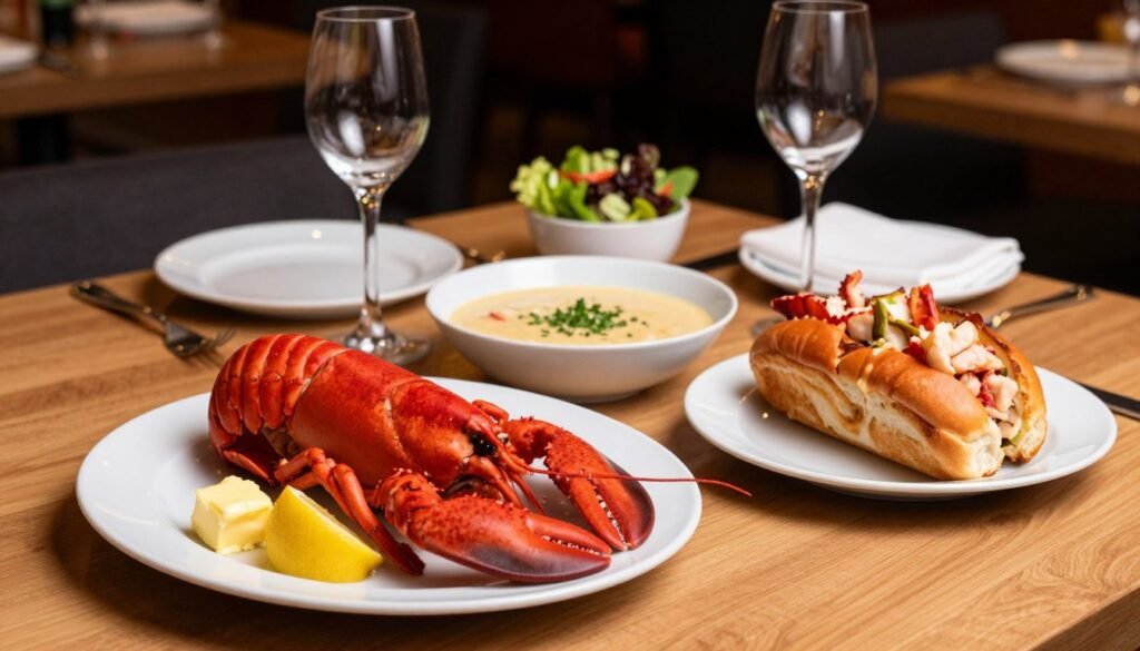 A beautifully arranged table featuring a variety of exquisite lobster dishes. In the foreground, a vibrant red lobster served on a classic white plate, accompanied by drawn butter and lemon wedges. Beside it, a creamy lobster bisque garnished with fresh herbs, and a lobster roll overflowing with tender chunks of meat in a toasted bun. In the middle, a clean wooden table accentuated with elegant cutlery, sparkling wine glasses, and small dishes of side salads. The background softly fades into a cozy restaurant setting with warm, ambient lighting and blurred culinary décor, creating an inviting atmosphere. Focused shot from a slightly elevated angle to capture the richness and details of each dish, evoking a sense of luxury and culinary delight. A beautifully arranged table featuring a variety of exquisite lobster dishes. In the foreground, a vibrant red lobster served on a classic white plate, accompanied by drawn butter and lemon wedges. Beside it, a creamy lobster bisque garnished with fresh herbs, and a lobster roll overflowing with tender chunks of meat in a toasted bun. In the middle, a clean wooden table accentuated with elegant cutlery, sparkling wine glasses, and small dishes of side salads. The background softly fades into a cozy restaurant setting with warm, ambient lighting and blurred culinary décor, creating an inviting atmosphere. Focused shot from a slightly elevated angle to capture the richness and details of each dish, evoking a sense of luxury and culinary delight.