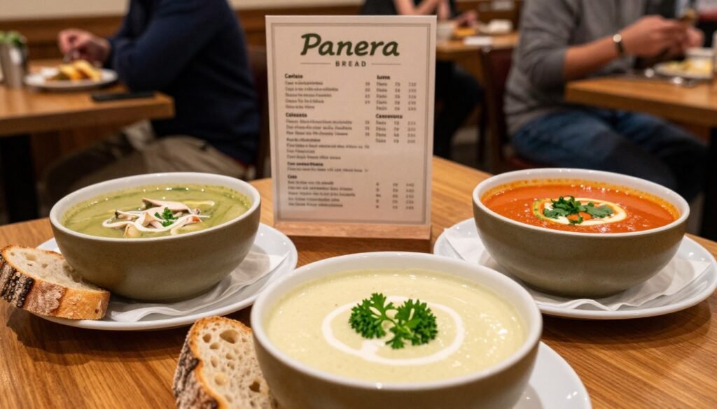 A beautifully arranged table featuring an assortment of flavorful soups from Panera Bread, showcasing a creamy broccoli cheddar soup, a wholesome chicken noodle soup, and a vibrant tomato basil soup. In the foreground, display a rustic bowl of the broccoli cheddar soup, garnished with fresh parsley and accompanied by a slice of crusty artisan bread. In the middle, an elegant menu card highlighting nutritional information such as calories and ingredients, presented in an inviting way. The background features a warm, cozy Panera Bread interior with soft lighting, wooden tables, and casual diners enjoying their meals. Use a slightly overhead angle to capture the table setting dynamically, and infuse the image with a friendly, inviting atmosphere that reflects the essence of wholesome dining.
