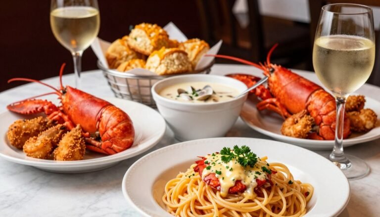 A beautifully arranged table filled with enticing Red Lobster menu items, prominently featuring succulent lobster tail, crispy fried shrimp, and creamy garlic butter sauce. In the foreground, a plate of lobster linguine garnished with fresh parsley, with a glass of chilled white wine beside it. In the middle, a bowl of savory clam chowder and a basket of warm, fluffy cheddar bay biscuits, with a soft focus on the food to highlight textures. The background shows a cozy restaurant ambiance, softly lit with warm golden tones, creating an inviting atmosphere. Use a slight overhead angle to capture the richness of the meal while emphasizing presentation. The overall mood is warm and delicious, perfect for highlighting Red Lobster's current specials.