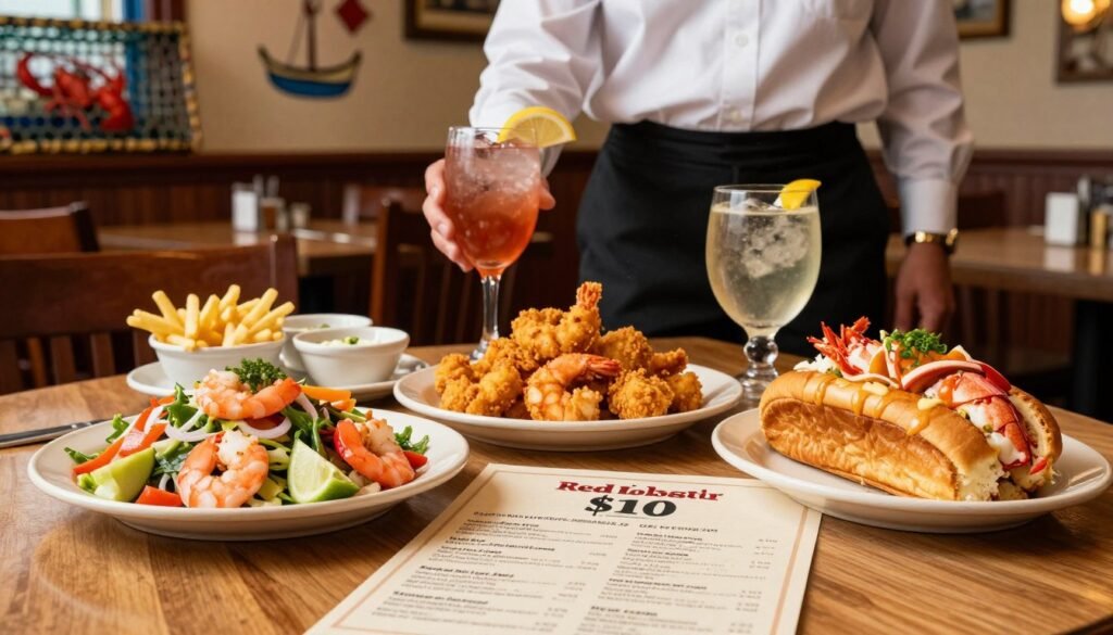 A beautifully arranged table set at a cozy Red Lobster restaurant. In the foreground, focus on a vibrant display of their $10 Lunch Menu specials, including a colorful shrimp salad, golden-fried shrimp, and a delectable lobster roll. The dishes should be garnished and attractively plated, emphasizing freshness. In the middle, a waiter in professional attire serves drinks, enhancing the dining experience. Use warm, inviting lighting to create a relaxed atmosphere, highlighting the delicious food. The background features hints of the restaurant’s nautical decor, with soft-focus details of lobster traps and ocean-themed elements. The overall mood should be friendly and appetizing, enticing viewers to explore the lunch menu offerings.