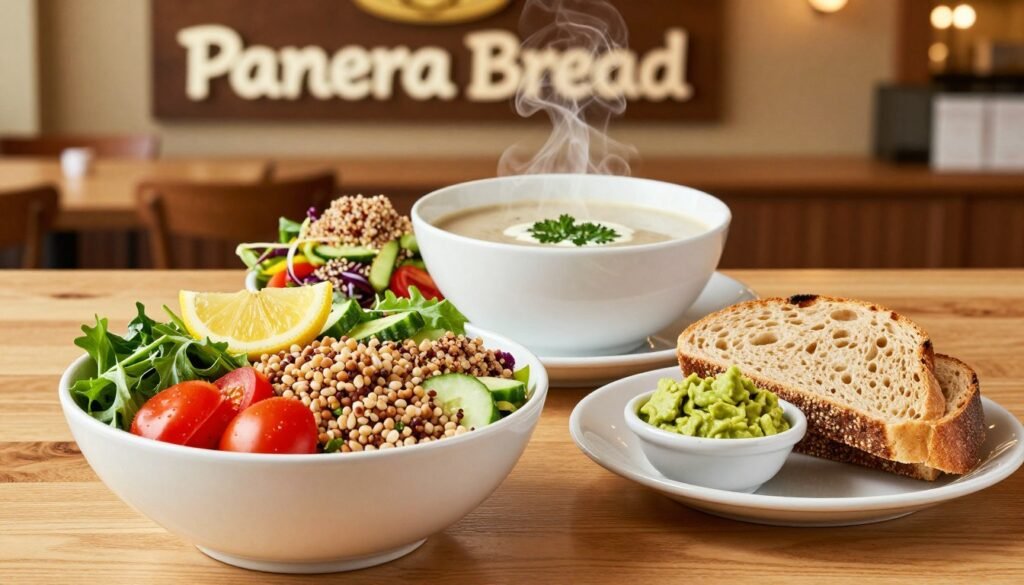A beautifully arranged table showcasing a selection of gluten-free options from Panera Bread. In the foreground, focus on a vibrant gluten-free Mediterranean grain bowl filled with fresh greens, ripe tomatoes, cucumbers, and topped with a lemon wedge. Next to it, a fresh slice of gluten-free bread elegantly placed on a white plate, with a small dish of creamy avocado spread. In the middle ground, a steaming bowl of gluten-free soup, garnished with parsley, sits beside a colorful salad featuring quinoa and mixed vegetables. The background features a soft-focus of Panera Bread's warm, inviting interior, with wooden textures and soft lighting creating a cozy atmosphere. The scene is brightly lit, accentuating the freshness of the food, captured with a slight overhead angle to showcase all delicious meal components.
