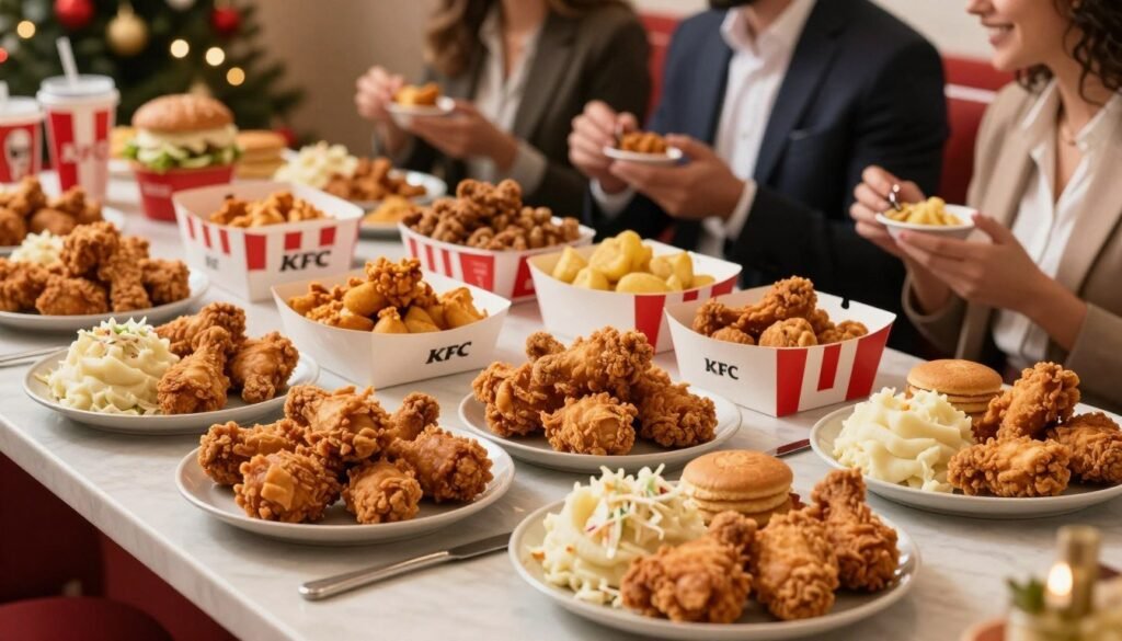 A beautifully arranged table showcasing an array of KFC catering options for a gathering. In the foreground, there are platters filled with crispy fried chicken, creamy mashed potatoes, coleslaw, and biscuits, all elegantly presented. The middle ground features various sizes of catering boxes filled with chicken pieces and sides. The background includes a blurred festive event setting with cheerful guests in professional business attire enjoying the meal, creating a warm and inviting atmosphere. Soft, ambient lighting enhances the inviting mood, capturing the essence of a joyful gathering. The image is taken from a slightly elevated angle to highlight the food and guests, ensuring a clear view of the vibrant dishes without any text or distractions.