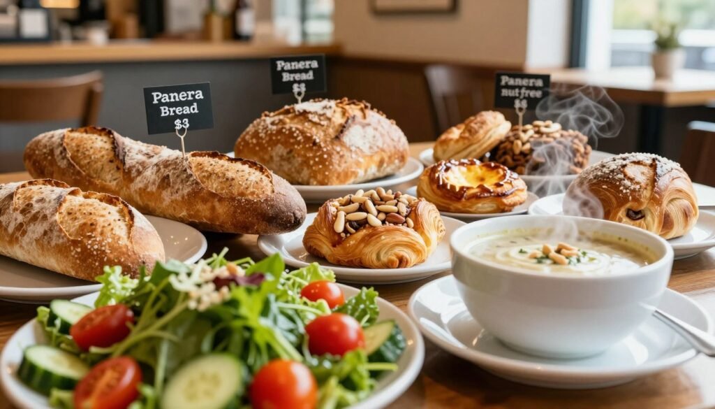A beautifully arranged table showcasing an enticing selection of nut-free options from Panera Bread. In the foreground, focus on a colorful salad with vibrant greens, cherry tomatoes, and cucumbers, alongside a warm bowl of creamy soup, steam rising softly. In the middle, display a variety of fresh breads and pastries, including a whole grain baguette and a pastry that is clearly labeled as nut-free. In the background, feature a cozy Panera Bread café with soft, natural lighting illuminating the space, highlighting the inviting atmosphere and rustic decor. The overall mood is warm and welcoming, illustrating a safe and enjoyable dining experience for those with tree nut allergies. Capture the scene with a slight overhead angle to emphasize the variety of food options presented.