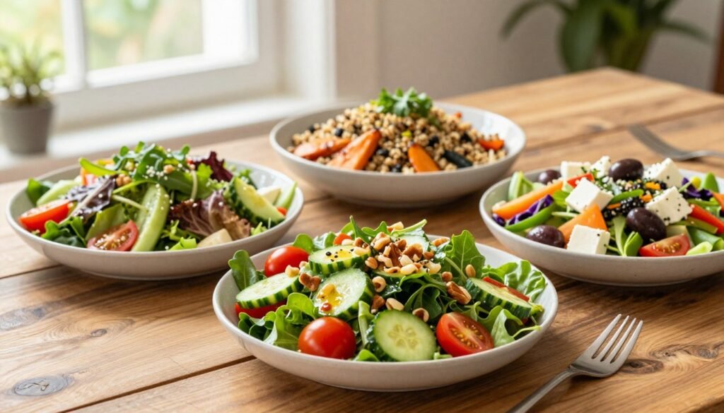 A bright and inviting scene featuring a variety of fresh Panera salads elegantly arranged on a rustic wooden table. In the foreground, a vibrant mixed greens salad topped with cherry tomatoes, cucumbers, and nuts glistens with a light vinaigrette. Beside it, a colorful Mediterranean salad with artfully placed feta cheese and olives complements the view. In the middle, a bowl of grain salad filled with quinoa, roasted vegetables, and herbs showcases healthy ingredients. The background features soft, natural lighting coming through a nearby window, creating a warm atmosphere. Add subtle greenery, like potted herbs or a small plant, to enhance the freshness. The angle should be slightly above eye level, capturing the delicious textures and colors of the salads while maintaining a clean, professional presentation.