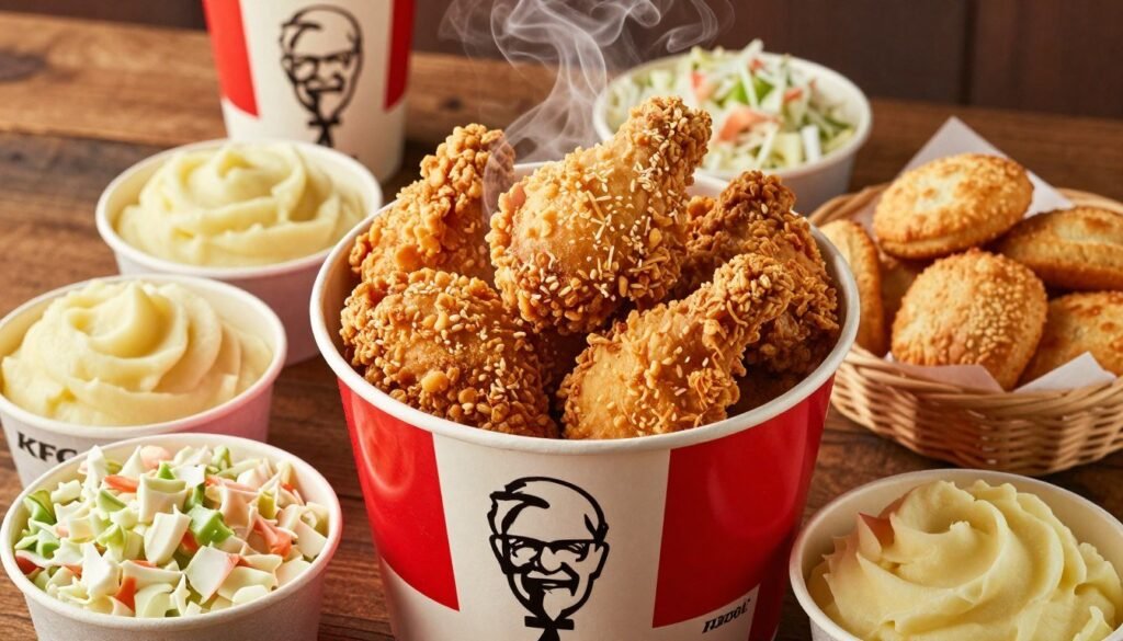 A close-up arrangement of a vibrant KFC family meal, featuring a large bucket of crispy fried chicken at the center, steam rising from the hot, golden pieces. Surrounding the bucket are bowls of creamy coleslaw and buttery mashed potatoes, complemented by a basket of warm, flaky biscuits. Soft, ambient lighting creates a cozy atmosphere, accentuating the food's textures and colors. In the background, a rustic wooden table adds warmth, with subtle hints of KFC branding on containers. The angle is slightly elevated, providing a clear view of all dishes, evoking a sense of sharing and family dining. The overall mood is inviting and appetizing, celebrating the joy of gathering over a delicious meal.