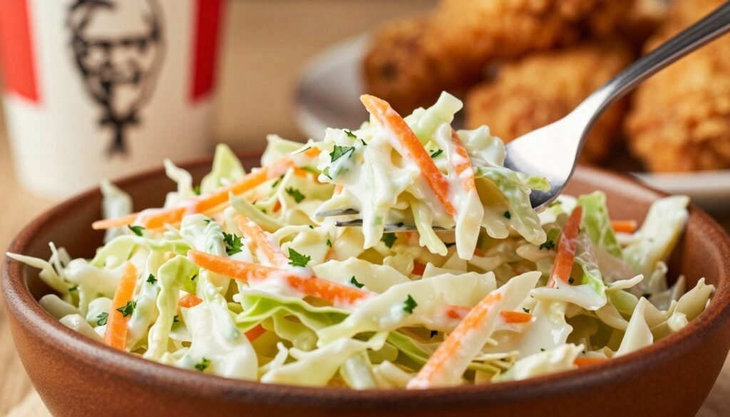 A close-up of a bowl of KFC coleslaw, featuring a creamy, white dressing mixed with finely shredded green cabbage, vibrant orange carrots, and hints of parsley. The foreground highlights the bowl with a rich, textured surface, emphasizing the freshness of the ingredients. In the middle, a portion appears being served with a fork, showcasing the creamy, crunchy texture. The background softly blurs the KFC logo and a plate filled with crispy fried chicken, capturing the essence of a meal. The lighting is warm and inviting, creating a homey atmosphere, with a slight overhead angle that emphasizes the coleslaw’s appealing presentation and inviting colors.