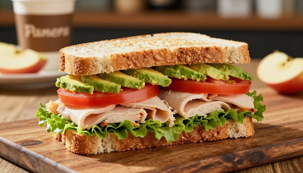 A close-up of a gourmet sandwich from Panera Bread, prominently featuring layers of fresh turkey, crisp lettuce, ripe tomato, and creamy avocado, all nestled between two slices of artisan bread. The sandwich is placed on a rustic wooden table, with subtle, natural lighting casting soft shadows that highlight the textures of the ingredients. In the background, a blurred café setting shows a hint of Panera's warm ambiance, with a coffee cup and a side of apple slices softly out of focus. The atmosphere is inviting and healthy, emphasizing a focus on nutritious eating. The angle of the shot is slightly elevated, showcasing the vibrant colors of the sandwich while maintaining an appealing and clean aesthetic without any text or distractions.