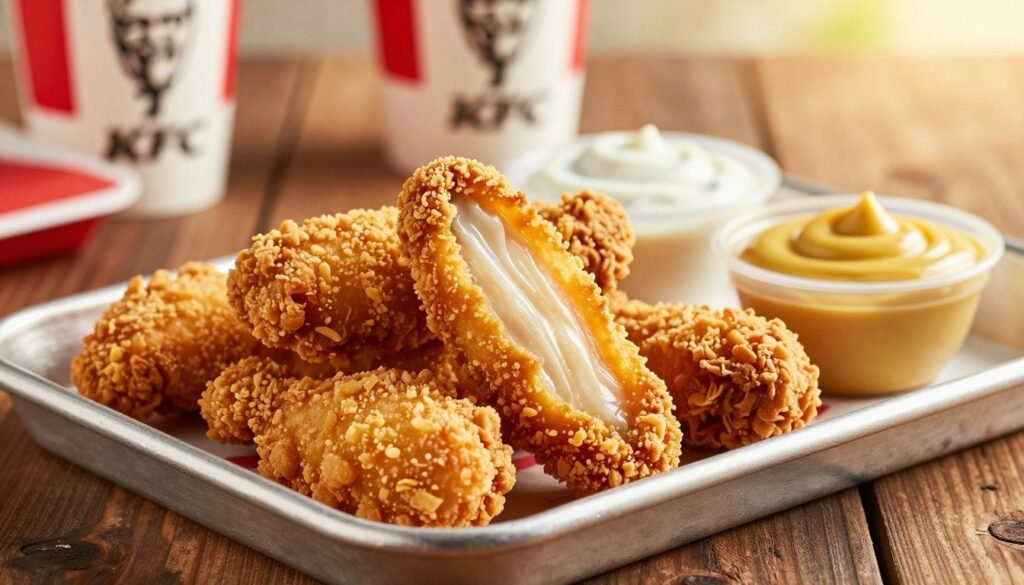 A close-up view of a platter featuring crispy KFC chicken tenders on a rustic wooden table. The golden-brown tenders are perfectly breaded, showcasing a flaky texture and juicy interior. Nearby, a few dipping sauces in small bowls, such as ranch and honey mustard, complement the tenders. In the background, subtly blurred, there are hints of a sunny fast-food restaurant ambiance with soft, warm lighting that creates an inviting atmosphere. The image captures a vibrant color palette of brown, gold, and hints of red from the KFC branding. The angle is slightly overhead, focusing on the tenders to emphasize their appeal, making the viewer crave these iconic fried chicken favorites.
