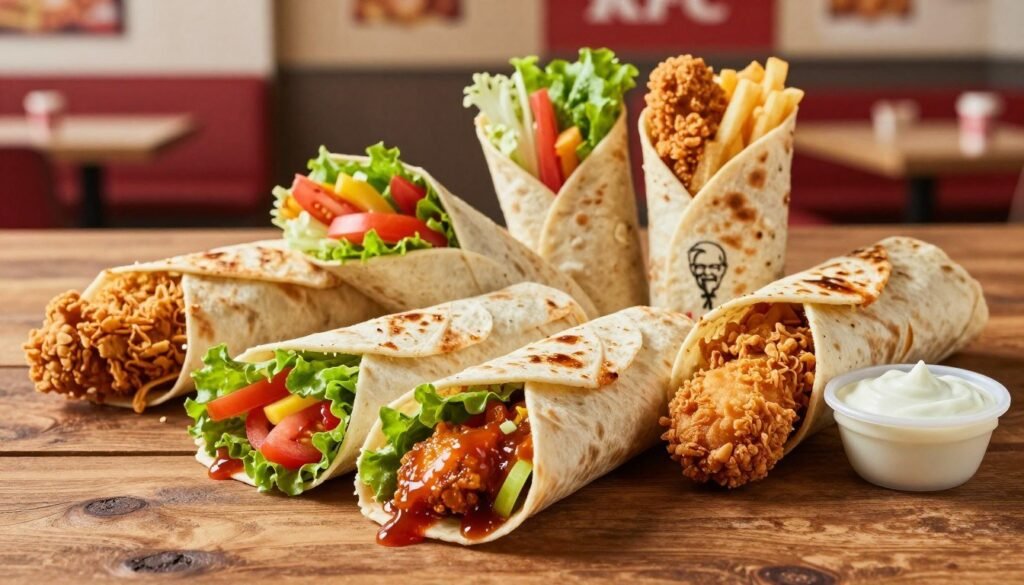 A close-up view of a variety of KFC wraps displayed on a rustic wooden table, showcasing vibrant ingredients. In the foreground, a spicy chicken wrap is featured, oozing with tangy sauce and fresh vegetables like lettuce and tomatoes. Next to it, a crispy wrap with golden fried chicken peeks out, garnished with a side of creamy dipping sauce. The middle ground presents an assortment of different wraps, each uniquely styled and inviting, with colorful ingredients spilling out slightly. The background features a soft-focus of a cozy fast-food restaurant ambiance, with warm lighting highlighting the wraps. The mood is inviting and tantalizing, emphasizing indulgence and satisfaction with delicious food. The scene is perfectly framed, with a slight overhead angle to capture all the details.