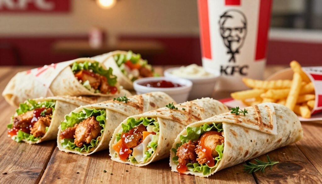 A colorful and enticing display of KFC wraps arranged on a rustic wooden table, showcasing various types of wraps filled with juicy chicken, fresh lettuce, and vibrant sauces. In the foreground, a close-up of three different wraps, neatly cut in half, revealing their delicious fillings, garnished with fresh herbs. In the middle ground, a subtle assortment of dipping sauces in small bowls adds variety, while a side of crispy fries complements the scene. The background features a softly blurred KFC restaurant interior with warm lighting, creating a cozy atmosphere. Shot with a macro lens to capture the textures and details of the wraps, the overall mood is inviting and indulgent, enticing viewers to explore the KFC wraps menu.