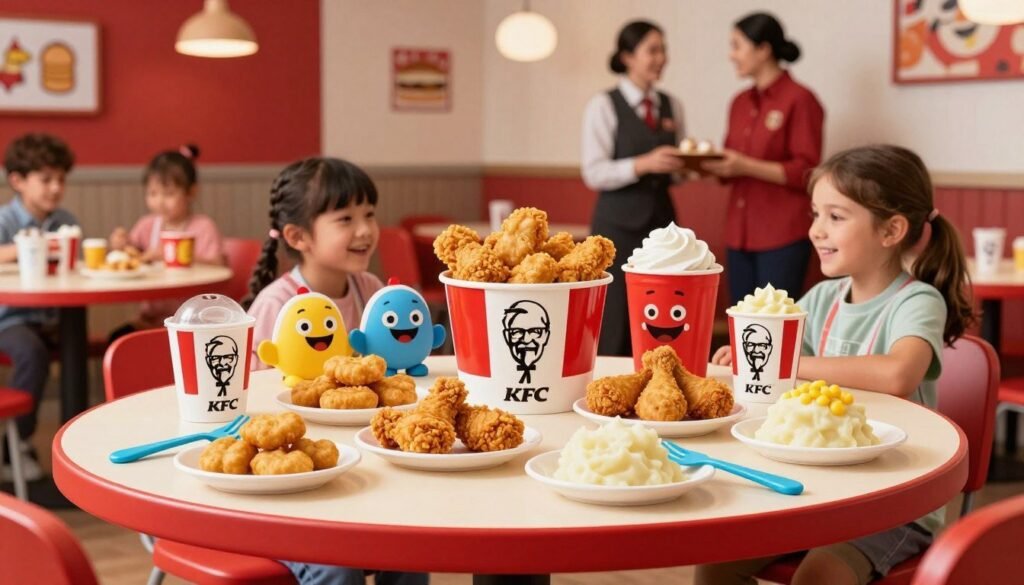 A colorful display of KFC Kids Meals, featuring a variety of kid-friendly meal options like chicken nuggets, mini drumsticks, and mashed potatoes with corn. In the foreground, a whimsical table set with small plates and bright utensils, evoking a fun atmosphere. The middle ground showcases KFC's signature red and white bucket filled with crispy tenders alongside happy, cartoonish mascots representing the kids' menu. In the background, a cheerful restaurant setting with friendly staff interacting with children, all in professional casual attire. Soft, warm lighting illuminates the scene to create a welcoming ambiance. A wide-angle view captures the lively environment, emphasizing the value and excitement of the KFC Kids Menu experience.