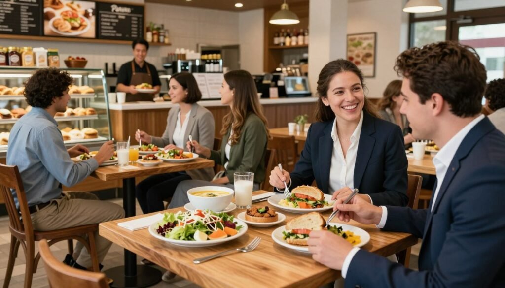 A cozy Panera Bread restaurant during lunch hours, featuring a bright, inviting interior with warm wood tones and soft lighting. In the foreground, a wooden table is set with an assortment of colorful lunch items: a fresh salad, a bowl of soup, and half a sandwich, artfully arranged. In the middle, casually-dressed patrons, including a diverse group of men and women in professional attire, engage in lively conversation while enjoying their meals. The background showcases a bustling scene with smiling staff serving customers at the counter and delicious pastries displayed in a glass case. The atmosphere is vibrant and welcoming, capturing the essence of a perfect midday meal. The image should have a slight depth of field, focusing on the table while softly blurring the background to emphasize the food and smiles of the patrons.