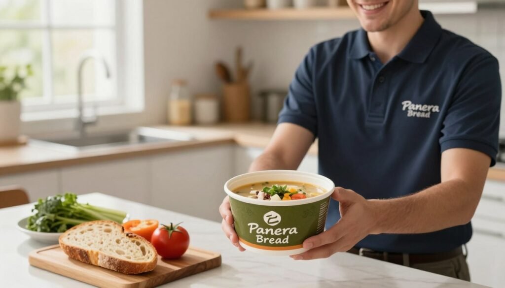 A cozy scene featuring a delivery person in a professional uniform holding a warm bowl of delicious soup from Panera Bread, with the iconic Panera logo visible on the packaging. In the foreground, the delivery person smiles as they gently present the soup to the viewer. The middle ground showcases a stylish kitchen table set with fresh bread and a variety of colorful vegetables, creating an inviting atmosphere. In the background, soft, natural light filters through a window, illuminating the space and enhancing the warmth of the scene. The overall mood is friendly and inviting, emphasizing the convenience and comfort of ordering Panera Bread soups for delivery. The image should inspire a sense of culinary delight and anticipation for a tasty meal.