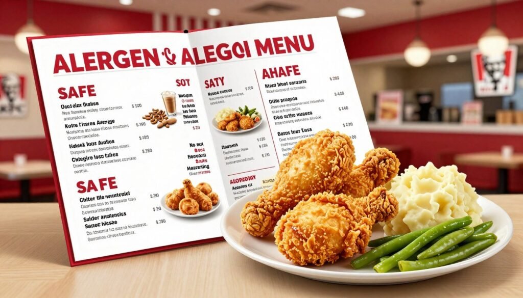 A detailed, illustrative image of a KFC allergen menu, prominently featuring options for nut and soy allergies. In the foreground, showcase a beautifully arranged allergen-friendly meal including a crispy, golden chicken piece, accompanied by colorful sides like mashed potatoes and green beans, all labeled clearly for no nut and soy content. The middle ground can include a well-designed, open allergen menu with clear sections highlighting safe choices for diners with allergies. In the background, depict the inviting interior of a KFC restaurant, with soft lighting creating a warm and welcoming atmosphere. Use a slightly elevated angle to capture the entire setup, conveying a mood of inclusivity and care for dietary needs. The overall composition should feel modern and professional, emphasizing safety and customization in meal options.