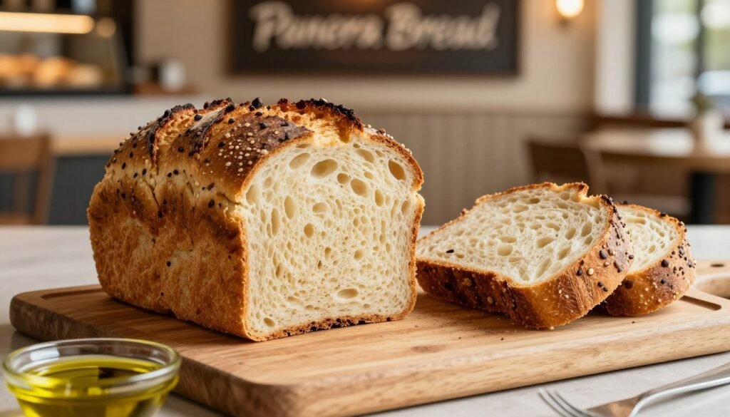 A fresh loaf of gluten-free bread displayed prominently in the foreground, showcasing its golden-brown crust and soft, airy interior, with visible grains and seeds for texture. In the middle ground, an artisan wooden cutting board is set with a few thick slices, revealing the fluffy crumb structure. On one side, a small dish of olive oil and balsamic vinegar reflects the natural light, emphasizing the inviting atmosphere. In the background, a softly blurred Panera Bread café interior hints at the ambiance, with light-colored wooden furniture and warm, inviting lighting. The overall mood is cozy and appealing, suggesting a delightful dining experience. The image should be well-lit, capturing the tempting details of the bread while maintaining a soft focus around the edges for a professional finish.