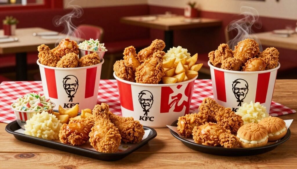 A mouthwatering display of KFC combo deals arranged elegantly on a wooden table, showcasing a variety of crispy fried chicken pieces, golden mashed potatoes, creamy coleslaw, and delicious biscuits. In the foreground, a large bucket of chicken, freshly cooked and steaming, while a platter with family-sized portions of sides sits adjacent. The middle ground features a vibrant red-and-white checkered tablecloth, enhancing the classic KFC aesthetic. The background softly blurs to reveal a cozy, family-friendly dining space with warm lighting casting a welcoming glow. The atmosphere is inviting and cheerful, perfect for gatherings, conveying a sense of togetherness and enjoyment. The angle is slightly overhead, capturing the generous portions and enticing colors of the food without any text or branding visible.