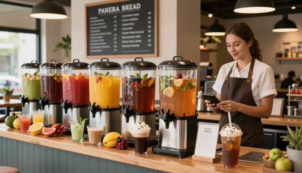 A stylish Panera Bread beverage customization station, showcasing a variety of drink options in a vibrant café setting. In the foreground, an array of beautifully arranged beverage dispensers, filled with colorful juices, teas, and coffee selections. Add visual elements such as fresh fruits and herbs for flavor customization, alongside a friendly employee in professional attire ready to assist customers. The middle ground features a chalkboard menu displaying customization choices, highlighted by warm, welcoming ambient lighting that creates an inviting atmosphere. In the background, an open space filled with modern seating and greenery, suggesting a cozy cafe environment. Capture the scene with a soft focus lens to create depth, emphasizing the vibrant colors and enticing beverage options, while conveying a mood of refreshment and community.