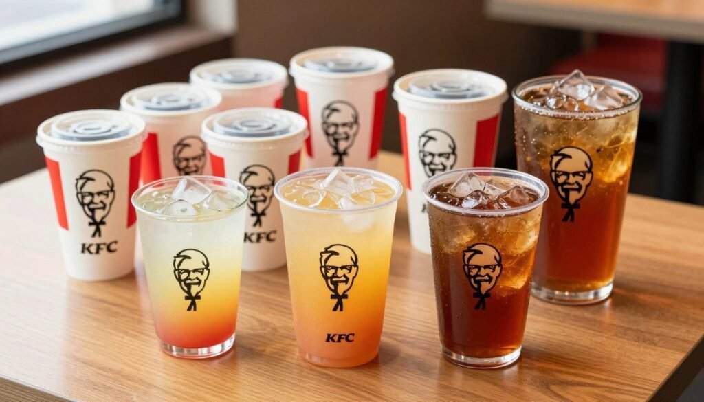 A stylish and organized display of KFC drink sizes, showcasing a variety of beverages in three distinct sizes: small, medium, and large. The foreground features the drinks placed on a polished wooden table, each drink clearly labeled with its respective size and filled with colorful soft drinks and iced teas, complete with ice cubes glistening under bright, natural lighting. In the middle ground, a collection of branded KFC cups in their iconic red and white design adds a vibrant touch. The background subtly hints at a KFC restaurant ambiance, slightly blurred to keep the focus on the drinks, evoking a warm and inviting atmosphere. Capture this scene from a slightly elevated angle to provide a comprehensive view of each drink size.