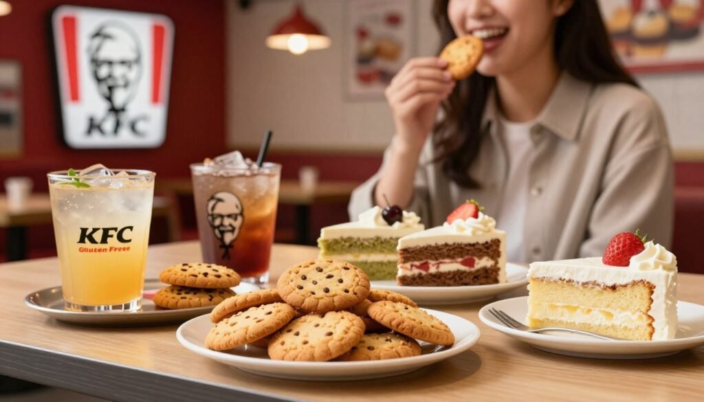 A tempting display of KFC's gluten-free offerings, featuring an assortment of drinks and desserts. In the foreground, a beautifully arranged dessert platter with gluten-free cookies, cakes, and a refreshing gluten-free drink served in a stylish glass. The middle ground showcases a cheerful customer dressed in casual attire, enjoying these treats in a cozy restaurant setting. In the background, the iconic KFC logo is subtly integrated into the decor, providing an inviting atmosphere. Warm, soft lighting illuminates the scene, creating a welcoming ambiance. The angle captures this inviting display from a slightly elevated perspective, emphasizing the deliciousness and variety of gluten-free options available. The overall mood is vibrant and appetizing, enticing viewers to explore these offerings.