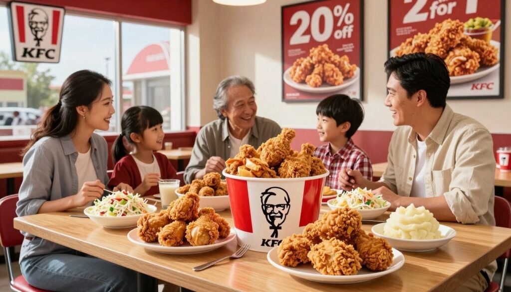 A vibrant KFC discount display set in a welcoming restaurant environment. In the foreground, a wooden table is laden with a variety of KFC menu items, showcasing a bucket of crispy fried chicken, sides like coleslaw and mashed potatoes, and a family meal deal prominently highlighted. In the middle, a cheerful family enjoying their meal, dressed in casual but neat clothing, conveys a sense of joy and togetherness. The background features the KFC logo, posters illustrating special deals like "20% off" and "2 for 1" alongside appetizing food imagery. Natural light streams in through large windows, creating a warm, inviting atmosphere. Capture the scene with a slight overhead angle to emphasize the food and lively dining experience, evoking excitement about savings.