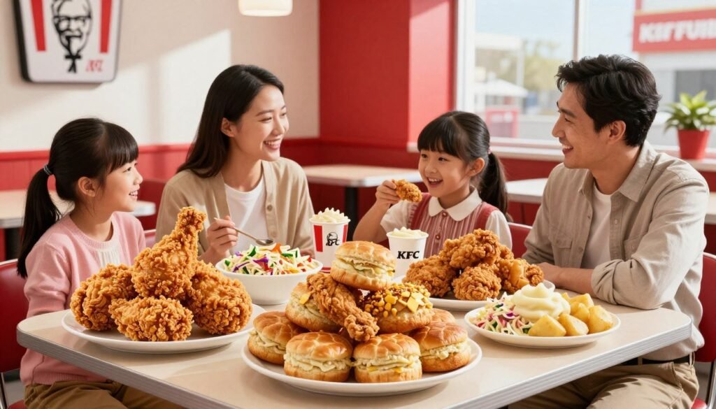 A vibrant KFC lunch promotion featuring an enticing spread of crispy fried chicken, fluffy biscuits, and colorful sides like coleslaw and mashed potatoes. In the foreground, a family of four is enjoying their meal at a cozy fast-food table, dressed in casual but neat clothing, showcasing smiles and laughter. The middle ground showcases the KFC branding subtly in the décor, with a red and white color scheme dominating the scene. In the background, we see a sunny window illuminating the space, creating a warm and inviting atmosphere, with soft shadows adding depth to the setting. The scene is captured from a slightly elevated angle to emphasize the delicious food and the joy of the lunch experience.