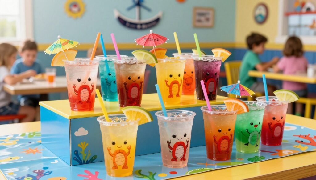 A vibrant Red Lobster kids menu drinks display featuring colorful beverages designed for children. In the foreground, showcase cute, cartoon-themed cups filled with juices and soft drinks, adorned with playful straws and whimsical garnishes like fruit slices and colorful umbrellas. The middle layer should include a delightful variety of drink options, arranged neatly on a bright table, with a playful tablecloth featuring marine designs. In the background, a cheerful restaurant setting can be subtly hinted at, with nautical decor and family-friendly seating. The lighting should be bright and inviting, emphasizing the cheerful atmosphere, with a slight lens flare to create a sunny, fun mood. Capture the scene at a slight angle to give depth and perspective, making it feel lively and engaging for young diners. A vibrant Red Lobster kids menu drinks display featuring colorful beverages designed for children. In the foreground, showcase cute, cartoon-themed cups filled with juices and soft drinks, adorned with playful straws and whimsical garnishes like fruit slices and colorful umbrellas. The middle layer should include a delightful variety of drink options, arranged neatly on a bright table, with a playful tablecloth featuring marine designs. In the background, a cheerful restaurant setting can be subtly hinted at, with nautical decor and family-friendly seating. The lighting should be bright and inviting, emphasizing the cheerful atmosphere, with a slight lens flare to create a sunny, fun mood. Capture the scene at a slight angle to give depth and perspective, making it feel lively and engaging for young diners.