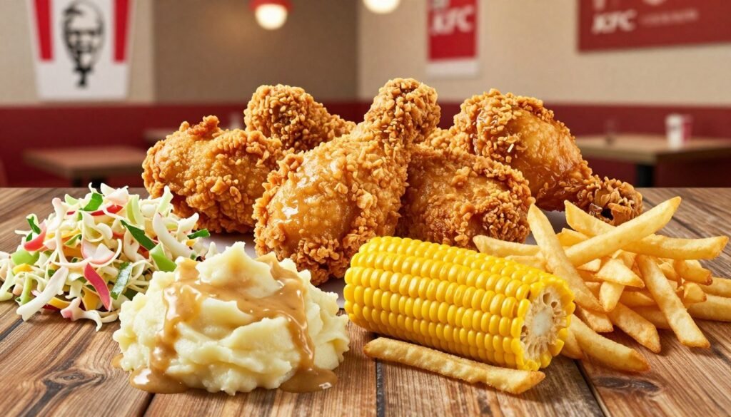 A vibrant and appetizing KFC meal spread displayed on a rustic wooden table. In the foreground, a variety of KFC's signature sides including creamy mashed potatoes with gravy, crunchy coleslaw, buttery corn on the cob, and crispy French fries, each with distinct textures and vibrant colors. The middle section presents enticing close-ups of crispy chicken pieces, their golden-brown coating glistening under soft, natural lighting. The background features a stylish restaurant setting with soft-focus elements like KFC branding and warm, inviting décor that creates a cozy atmosphere. The image captures a sense of indulgence and discovery, aiming to highlight the hidden gems of KFC's sides menu, while maintaining a clean and professional aesthetic. The composition is shot with a shallow depth of field to emphasize the food.