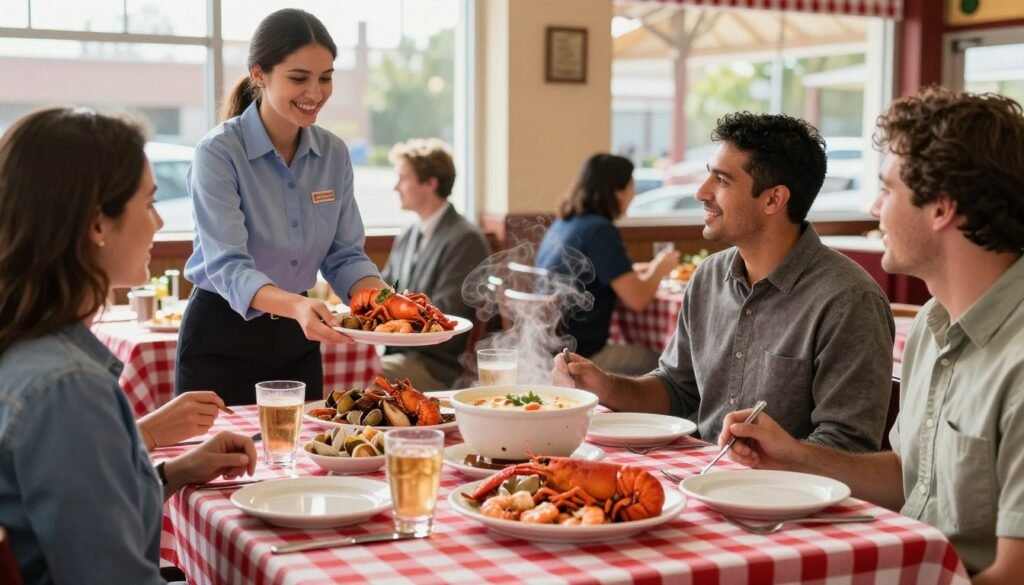 A vibrant and inviting scene showcasing a cozy Red Lobster restaurant during lunch hours. In the foreground, a beautifully set table with a checkered red-and-white tablecloth features a delicious seafood feast, including shrimp, lobster, and clam chowder, steam rising gently from the dishes. The middle includes friendly staff in professional business attire serving customers with warm smiles, evoking a friendly and engaging atmosphere. In the background, large windows reveal a sunlit day outside, creating a cheerful vibe enhanced by soft natural lighting. The overall mood is welcoming and lively, perfect for a weekday lunch setting, focusing on the freshness of the seafood and the enjoyment of dining out. A vibrant and inviting scene showcasing a cozy Red Lobster restaurant during lunch hours. In the foreground, a beautifully set table with a checkered red-and-white tablecloth features a delicious seafood feast, including shrimp, lobster, and clam chowder, steam rising gently from the dishes. The middle includes friendly staff in professional business attire serving customers with warm smiles, evoking a friendly and engaging atmosphere. In the background, large windows reveal a sunlit day outside, creating a cheerful vibe enhanced by soft natural lighting. The overall mood is welcoming and lively, perfect for a weekday lunch setting, focusing on the freshness of the seafood and the enjoyment of dining out.