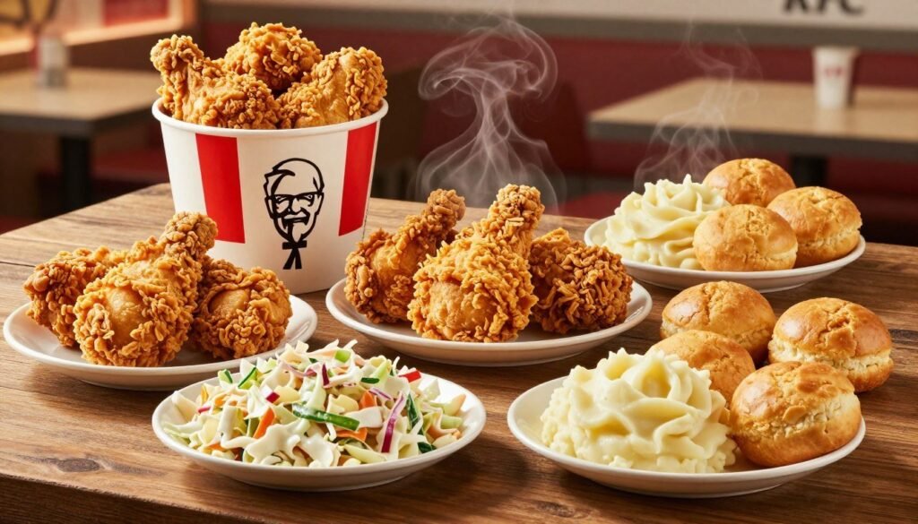 A vibrant, beautifully arranged KFC lunch spread featuring classic menu options like crispy fried chicken, creamy coleslaw, buttery mashed potatoes, and golden biscuits, all presented on a rustic wooden table. In the foreground, a freshly opened bucket of chicken, showcasing the crispy texture and golden-brown color. In the middle, plates of sides are artfully placed, highlighting the enticing freshness of each dish, with steam gently rising from the warm food. The background features a soft-focus KFC restaurant setting with ambient lighting, adding warmth to the scene. The atmosphere is inviting and mouth-watering, emphasizing the deliciousness and comfort of a satisfying KFC lunch. The angle is slightly overhead, capturing both the details of the food and the inviting environment.