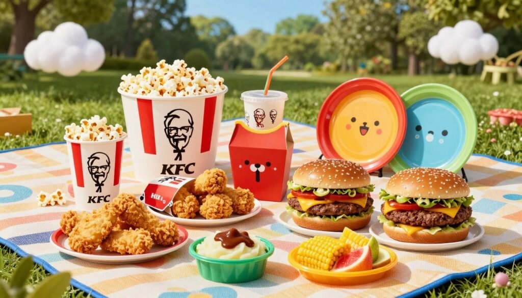 A vibrant display of KFC Kids Meal options arranged on a colorful picnic blanket. In the foreground, showcase a variety of meals: crispy chicken tenders, popcorn chicken, and mini burgers, all served in fun, kid-friendly packaging. Add sides like mashed potatoes with gravy, corn on the cob, and fruit slices in cheerful, small containers. In the middle ground, include playful elements like a KFC bucket filled with popcorn, a small drink cup with a colorful straw, and vibrant, cartoonish plates. The background features a sunny park setting with greenery and a few fluffy clouds to create a joyful atmosphere. Use bright, natural lighting to enhance the colors and appeal of the food, capturing a playful, inviting mood that showcases the excitement of KFC's Kids Menu.
