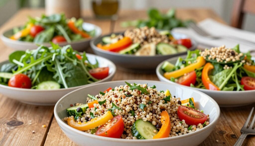 A vibrant display of gluten-free salads, featuring a variety of fresh greens such as spinach and arugula, topped with colorful vegetables like cherry tomatoes, cucumbers, and bell peppers. In the foreground, a beautifully arranged bowl of quinoa salad with herbs and a citrus vinaigrette is prominently featured. The middle layer presents assorted gluten-free salads in elegant serving dishes, highlighting textures and colors that pop. In the background, soft, diffused natural light illuminates a rustic wooden table, creating a warm and inviting atmosphere. The image captures the essence of fresh, healthy eating, with an inviting and appetizing mood that complements the theme of gluten-free dining. Focused at eye level to enhance accessibility, the framing is cozy and welcoming, making the salads look enticing.
