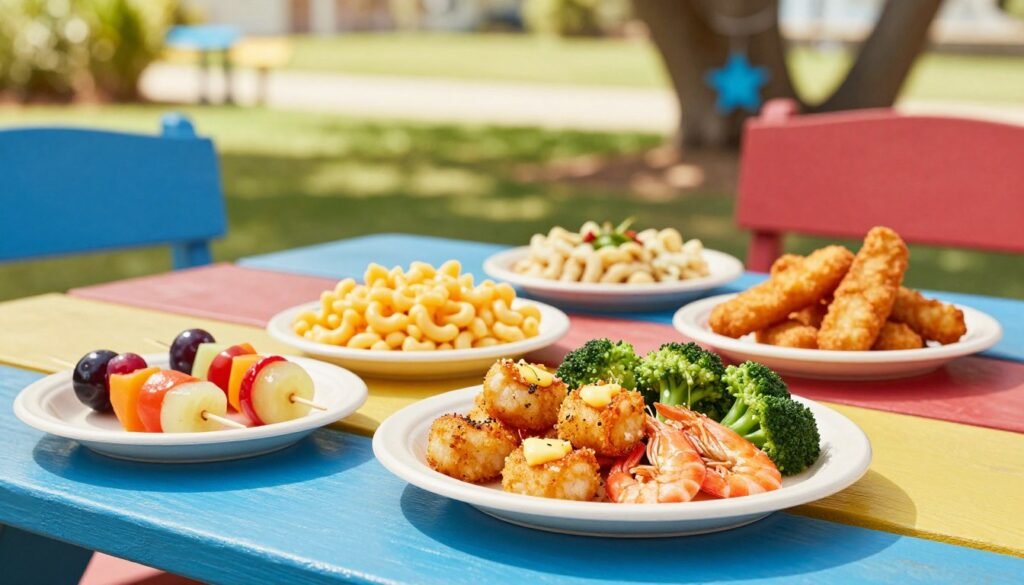 A vibrant display of kid-friendly dishes from the Red Lobster menu, arranged enticingly on a colorful picnic table. In the foreground, a delightful plate featuring buttered lobster bites, crispy shrimp, and a side of steamed broccoli, all presented in fun, cheerful dishes designed for children. In the middle, smaller plates showcase macaroni and cheese, fruit skewers, and crispy fish sticks, creating an inviting assortment. The background features a soft-focus outdoor setting with bright sunshine filtering through tree leaves, evoking a warm, cheerful atmosphere perfect for families. Include playful elements like sea-themed decorations, emphasizing the coastal vibes of Red Lobster. Use natural lighting to enhance the colors and textures of the food, capturing the excitement and joy of mealtime for little ones. A vibrant display of kid-friendly dishes from the Red Lobster menu, arranged enticingly on a colorful picnic table. In the foreground, a delightful plate featuring buttered lobster bites, crispy shrimp, and a side of steamed broccoli, all presented in fun, cheerful dishes designed for children. In the middle, smaller plates showcase macaroni and cheese, fruit skewers, and crispy fish sticks, creating an inviting assortment. The background features a soft-focus outdoor setting with bright sunshine filtering through tree leaves, evoking a warm, cheerful atmosphere perfect for families. Include playful elements like sea-themed decorations, emphasizing the coastal vibes of Red Lobster. Use natural lighting to enhance the colors and textures of the food, capturing the excitement and joy of mealtime for little ones.