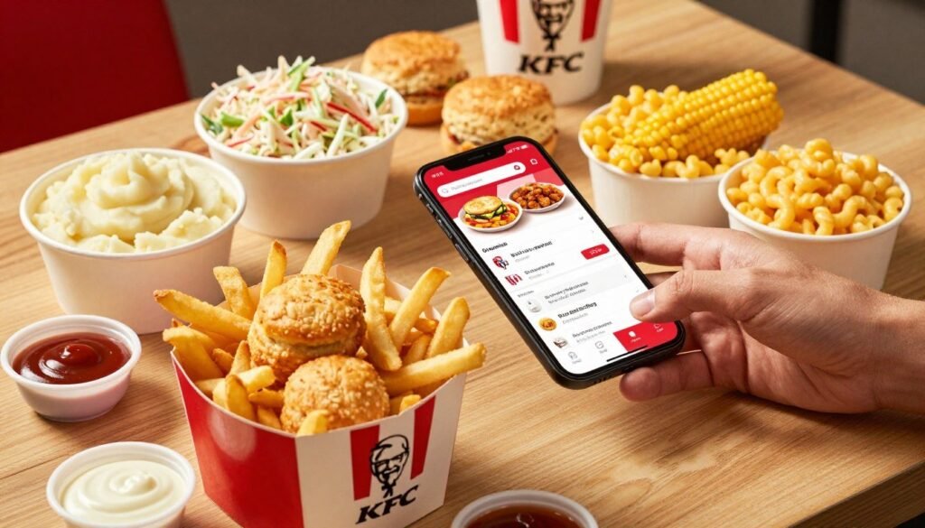 A vibrant flat lay of a KFC sides order ready for online purchase, prominently featuring a variety of delicious sides like mashed potatoes, coleslaw, corn on the cob, biscuits, and macaroni and cheese. The foreground showcases a stylish takeout container overflowing with crispy fries and golden biscuits, with dipping sauces artistically placed around it. In the middle, a sleek smartphone displays the KFC mobile app interface, showcasing the sides menu, while a hand reaches out to interact with the screen for ordering. The background subtly includes a wooden table and a hint of a KFC restaurant setting, softened by warm, inviting lighting that creates a cozy atmosphere, reminiscent of a delicious meal experience. The angle is slightly overhead, capturing both the food and the tech seamlessly.