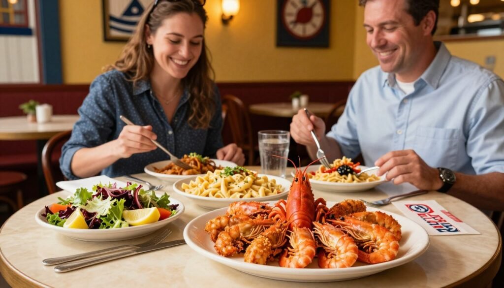 A vibrant table setting showcasing an appetizing array of Red Lobster's $10 lunch specials. In the foreground, a beautifully arranged platter with crispy shrimp, creamy garlic pasta, and a fresh garden salad garnished with lemon wedges. In the middle, a stylish circular table with classic Red Lobster branding, accompanied by two guests in smart casual attire, smiling and enjoying their food, capturing a joyful dining experience. The background features a warm, inviting restaurant interior with nautical-themed decor, soft ambient lighting casting a golden glow, highlighting the freshness of the meal. The atmosphere is lively yet relaxed, perfect for a satisfying lunch, with natural depth and focus on the food.