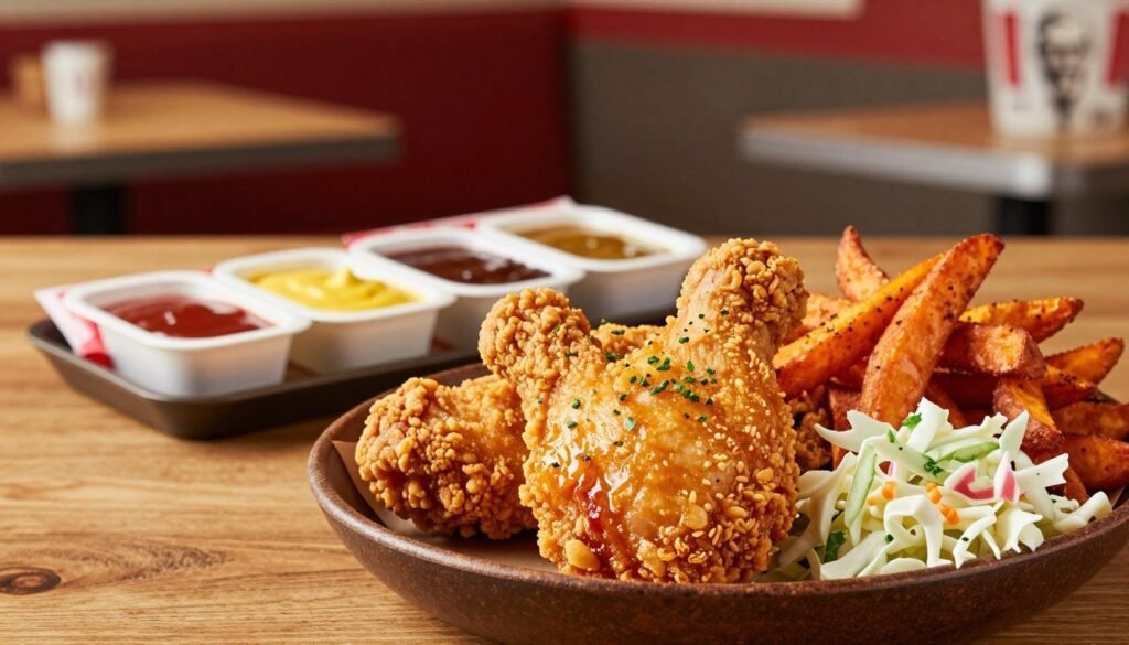 A vibrant tabletop scene showcasing gluten-free options at KFC. In the foreground, a large, appetizing gluten-free fried chicken piece glistening, golden-brown with fresh herbs sprinkled on top, accompanied by a side of crispy, seasoned sweet potato fries and tangy coleslaw in a rustic bowl. In the middle ground, a neatly arranged paper package contains a selection of gluten-free dipping sauces, such as honey mustard and barbecue. The background features a subtle blurred view of a KFC restaurant interior, warm wooden tones with soft ambient lighting creating an inviting atmosphere. The composition is captured with a slightly overhead angle, emphasizing the delicious meals and inviting surroundings, evoking a sense of satisfaction and inclusivity.
